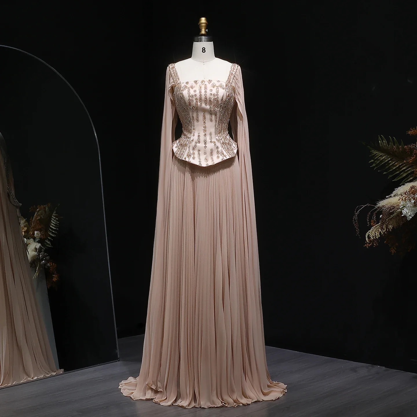 Фото Вечерние платья POD Champagne Luxury Pleats винно-красного цвета для свадебных торжеств с рукавами-накидками, официальные наряды, праздничные платья, индивидуальный пошив №4