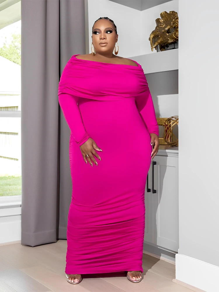 Plus-size women's dress knitted one-neck draw-pleated long dress womens plus size summer dresses
