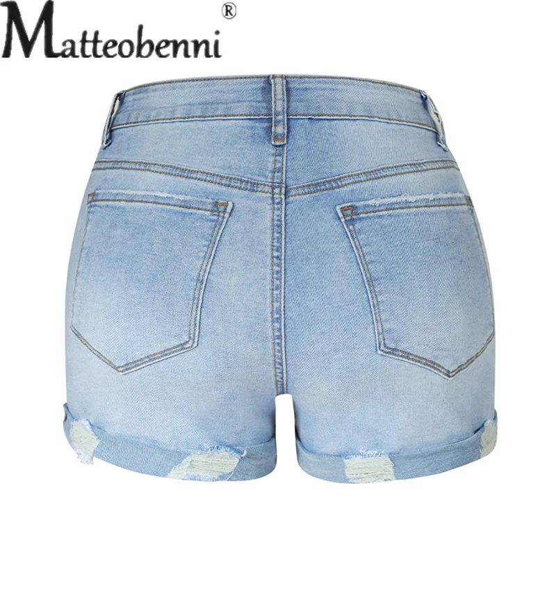 Summer Mid-waist Button Splicing Light Blue Denim Shorts 2023 Women Street Casual Stretch Tight Three Quarter Pants Female Jeans