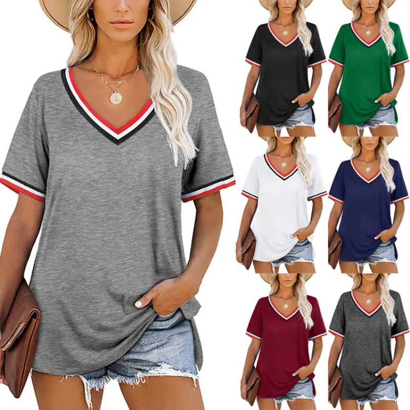 

Summer Women's Tops Stripe Stitching Split Short Sleeve V-neck T-shirts Fashion Ladies Loose Casual Daily Tee Streetwear
