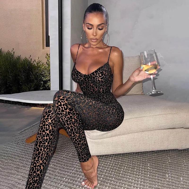 V neck Leopard Print Skinny Camisole Jumpsuit Women Mesh Flocking Low Chest Sleeveless Sexy Bodycon Clubwear Overalls One Piece