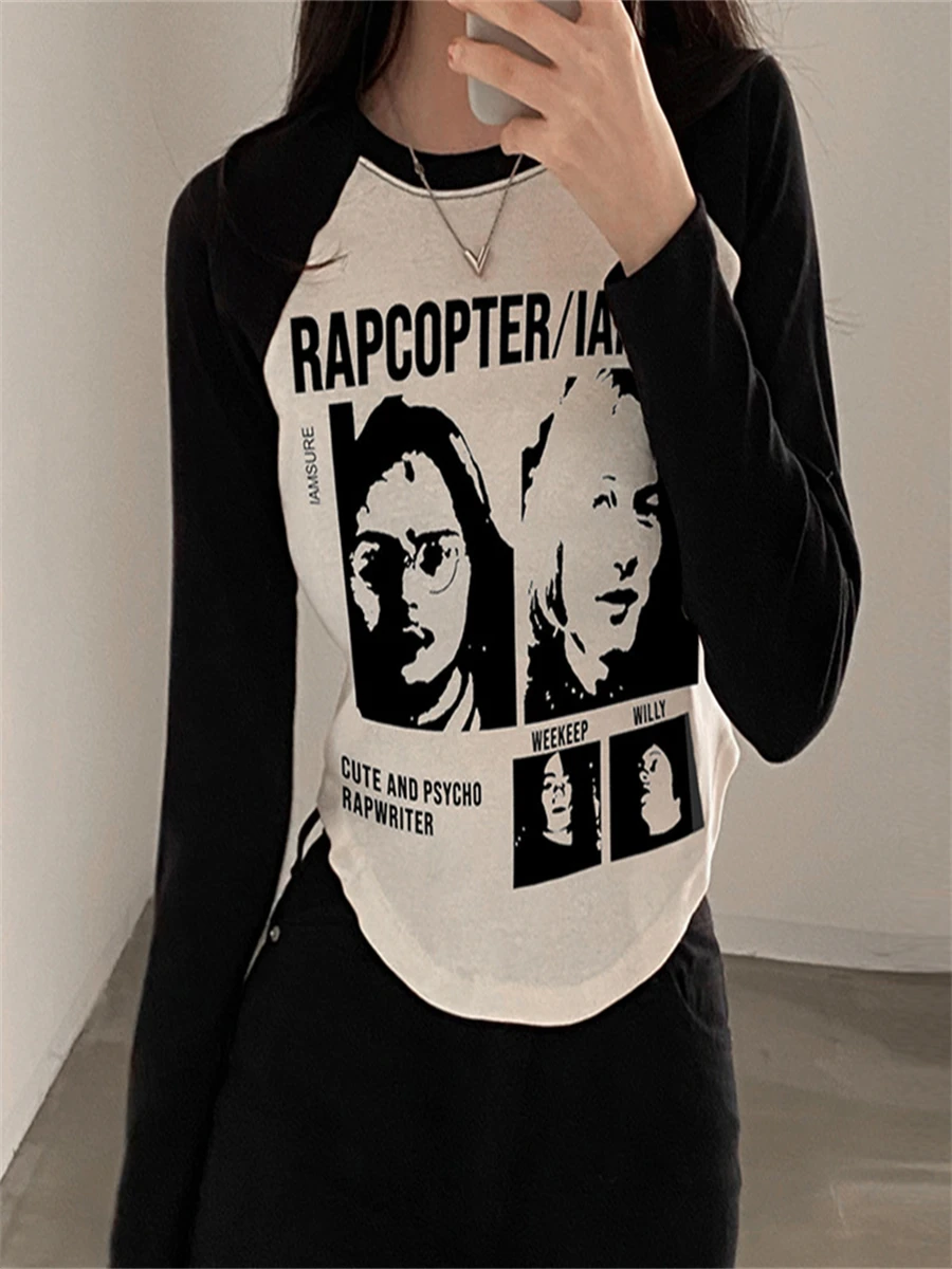 

Women Fashion Portrait Print T-shirt Contrast Color Round Collar Long Sleeve Slim Fit Crop Tops Vintage Aesthetic Streetwear