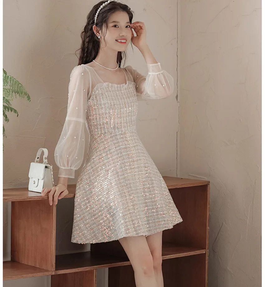 

Женское платье с квадратным вырезом, твидовое мини-платье с длинными рукавами и бусинами, осеннее платье в стиле пэчворк с блестками