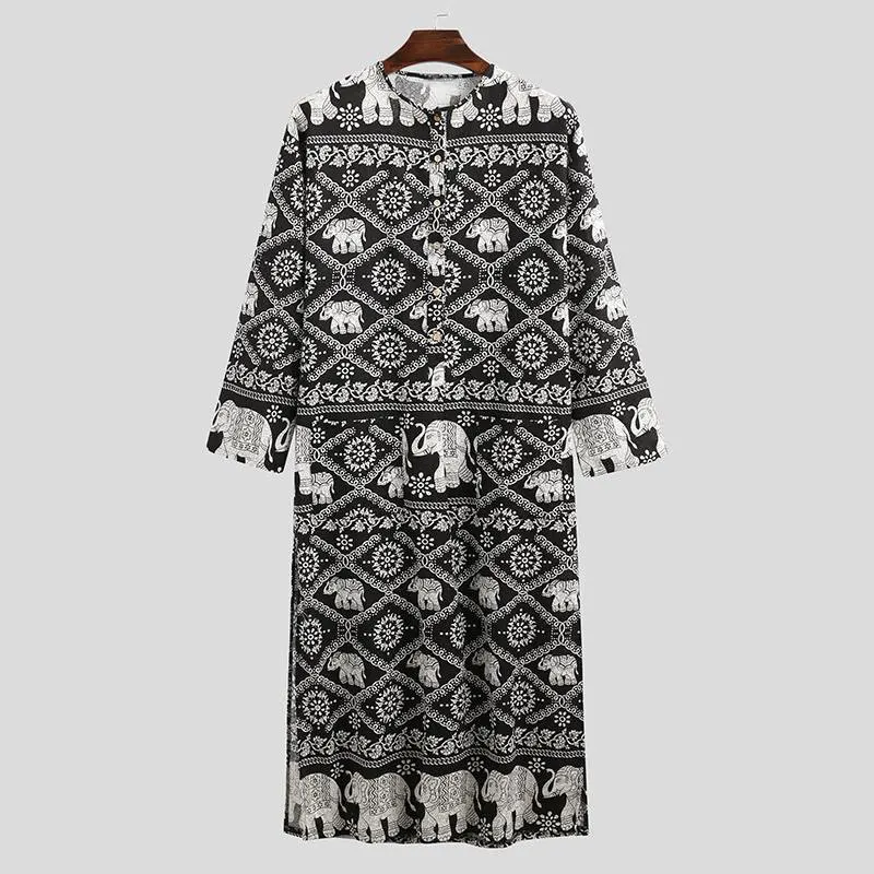 Islamic Jubba Thobe Muslim Men Robe Casual Loose Ancient Script Elephant Print Ethnic Arabic Long Sleeve One Piece Kaftan S-5XL