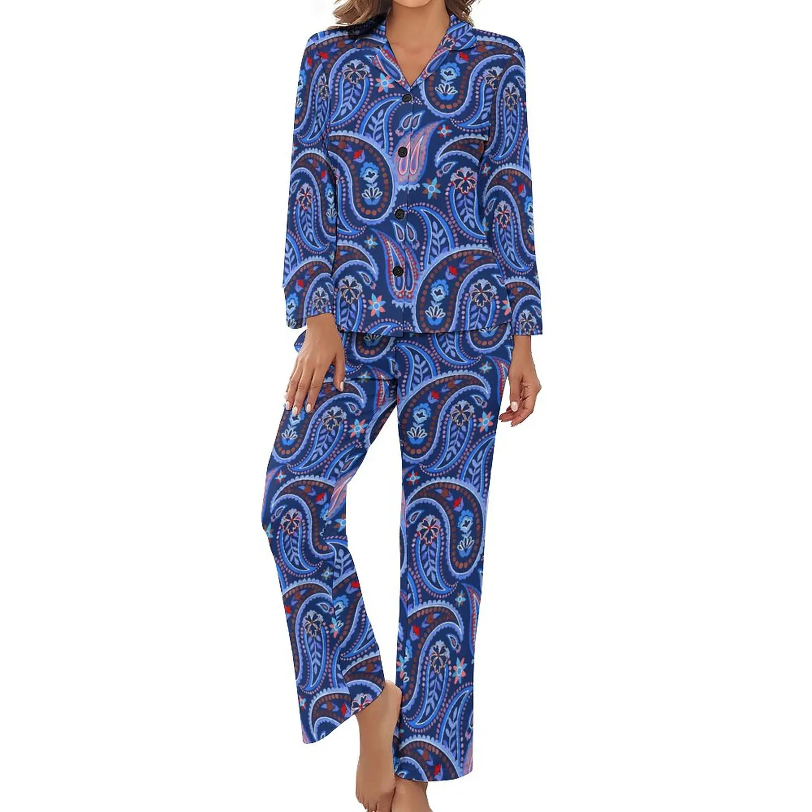 

Blue Paisley Pajamas Autumn Two Piece Retro Print Cute Pajamas Set Lady Long Sleeve V Neck Bedroom Graphic Nightwear