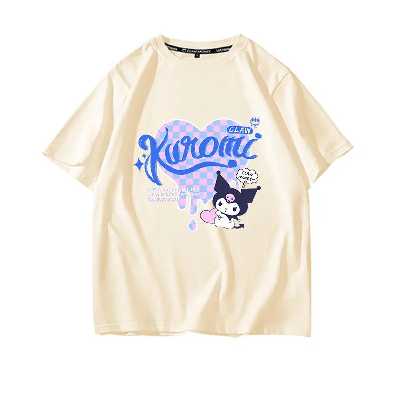 

Kawaii Sanriod Anime Series Kuromi Hug Heart The New Short Cartoon Sleeve T-Shirt Cotton Loose Jacket Baby Girl Girlfriend Gift