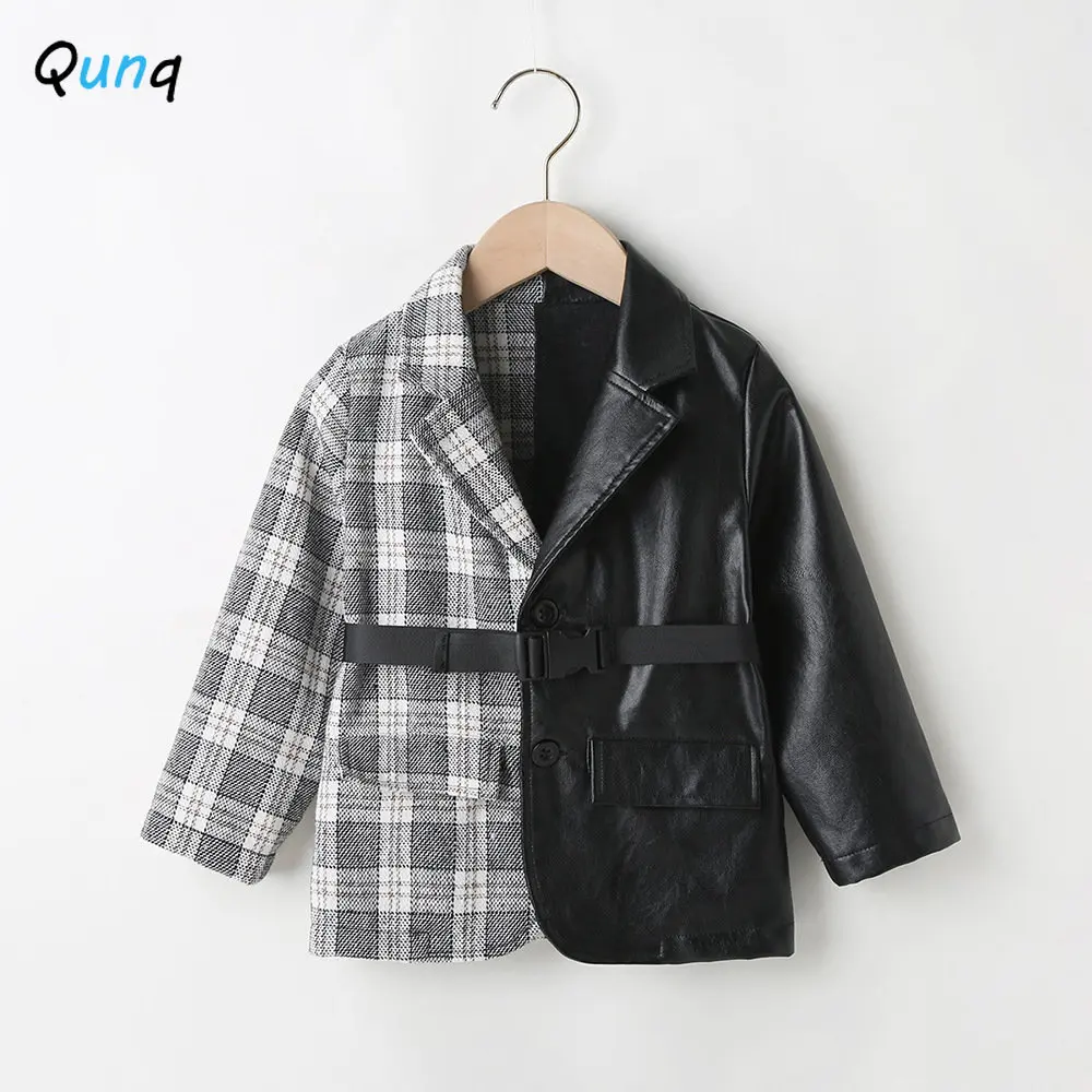 

Qunq Autumn/Winter New Girls Fashion Grid Splice Turn-down Collar Single-Breasted Leather Jacket Casual Kids Clouthes Age 3T-8T