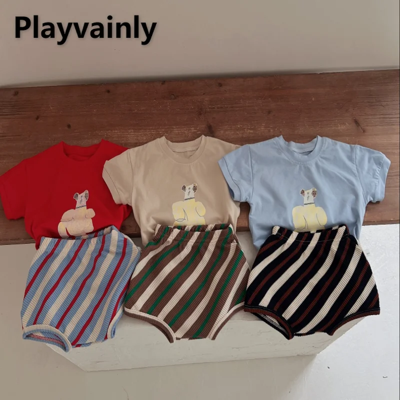 

2 шт./комплект, хлопковая футболка и шорты в полоску для мальчиков и девочек