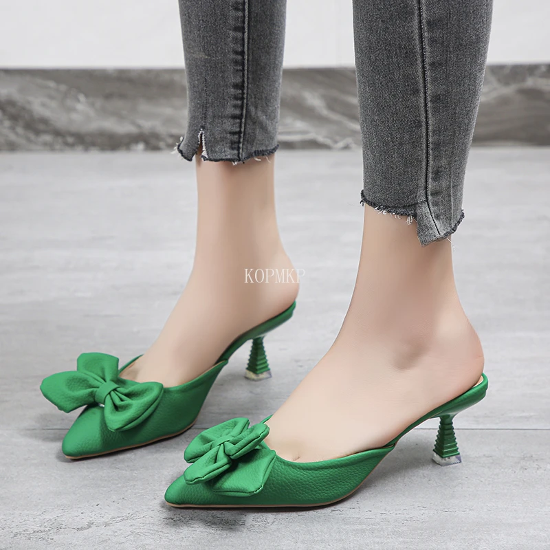 

Green Butterfly-knot Women Slippers Mule High Heels Slippers Sandals Pointed Toe Strappy Slides Party Shoes Sandals Women 2022