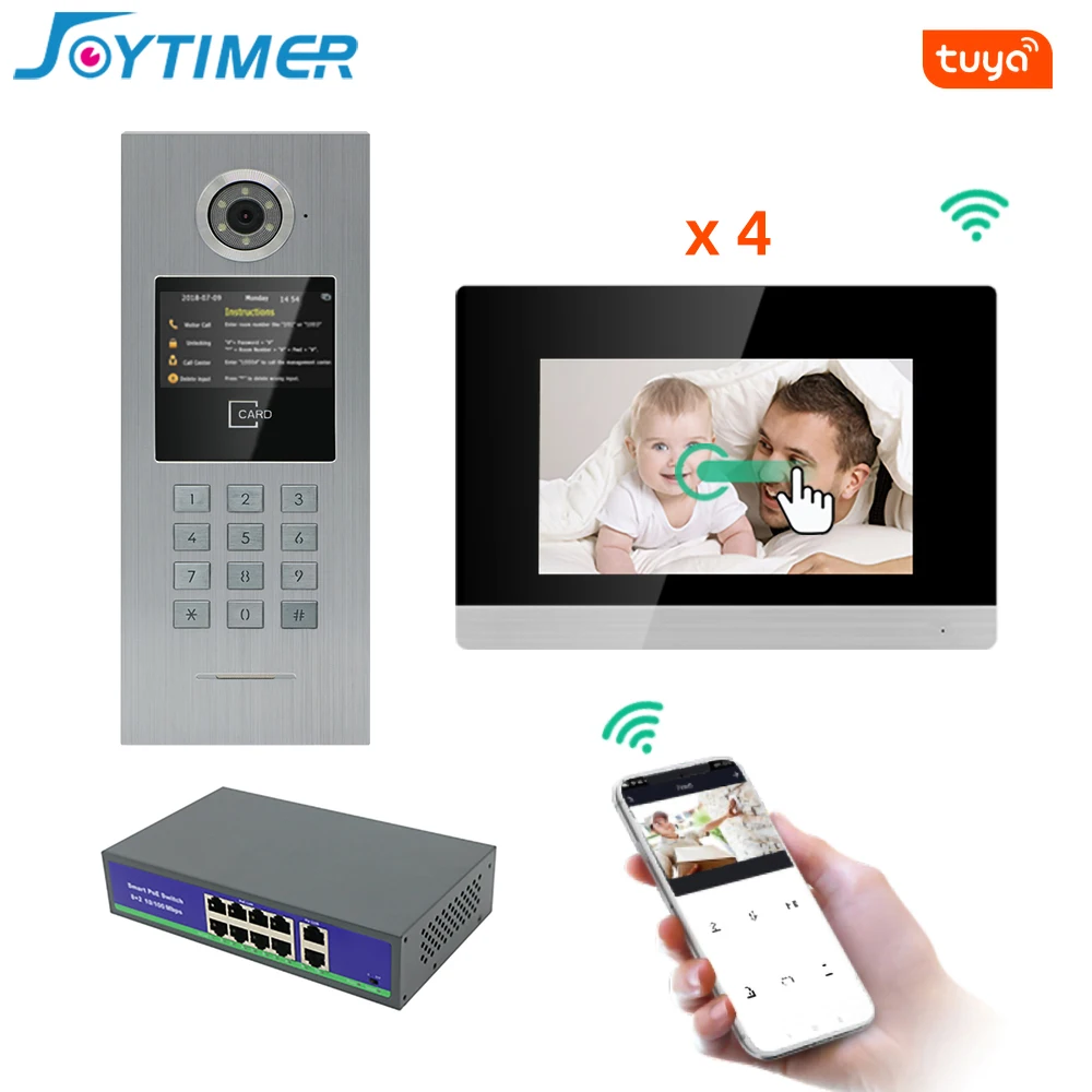 7-дюймовый Wi-Fi IP-видеодомофон Joytimer с сенсорным экраном домофон для 4-семейной