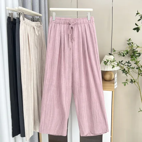 Новые летние широкие брюки больших размеров, женская одежда, 100 кг, простые и тонкие прямые повседневные длинные брюки из ледяного шелка 8579
