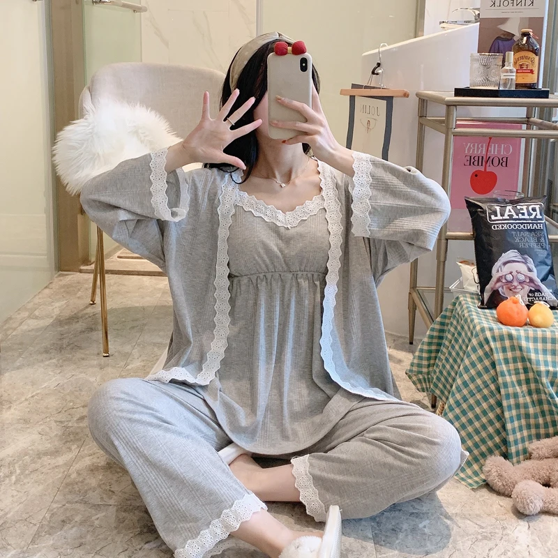Chic Ins Cotton Patchwork Lace Maternity Nursing Sleepwear Sets Feeding Pajamas Suits Clothes For Pregnant Women Sexy Pregnancy