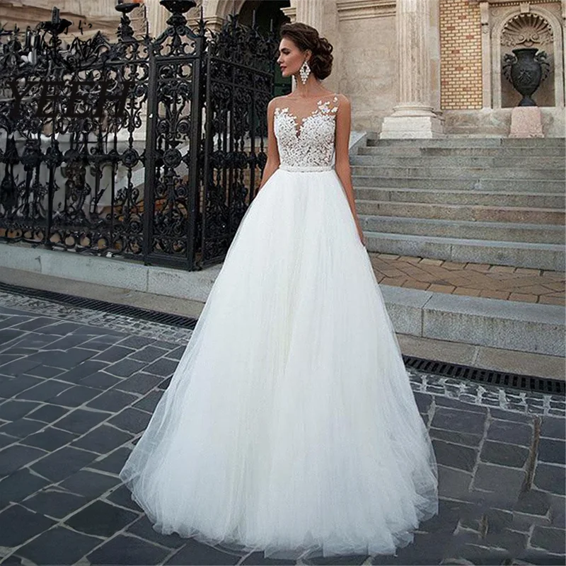 

YEEH Illusion Lace Appliques Wedding Dresses For Women Princess Tulle A-Line Bridal Gown Sleeveless Court Train Vestido De Novia