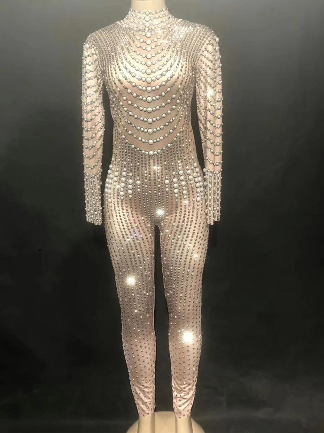 

Shining Rhinestones Pearls Long Sleeves Sexy Women Jumpsuits Nightclub DJ Prom Clothing Stage Singer Perform Costumes