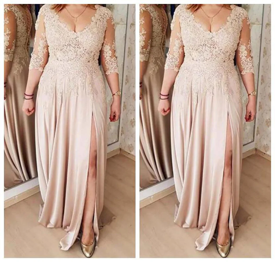 

Plus Size Mother Of The Bride Dresses A line Champagne 3/4 Sleeves Chiffon Appliques Long Groom Mother Dresses For Weddings