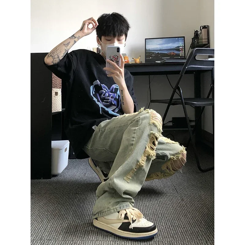 Уличные рваные мужские джинсы American Y2k в стиле хип-хоп для тяжелой промышленности