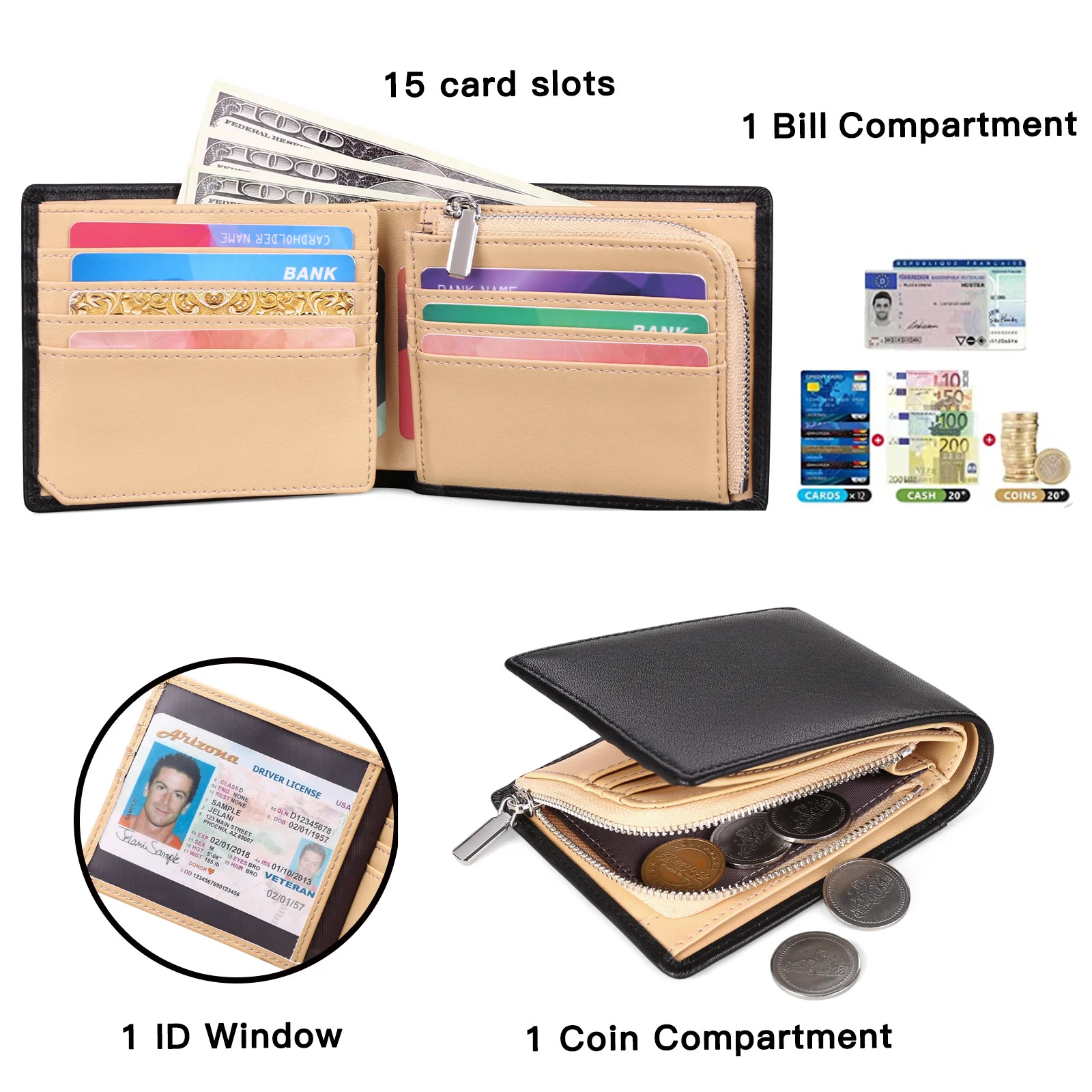 

Genuine Leather Men's Wallet Large Capacity Card Holder Contrast Color Coin Purse Zipper Pouch Fashion Simple and Portable