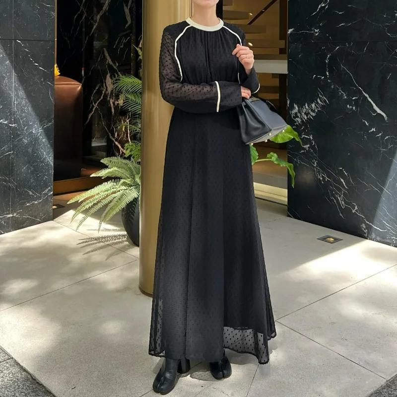 

Женское плиссированное платье, элегантное облегающее платье контрастных цветов с круглым вырезом и длинным рукавом, в стиле пэчворк, Осень-...