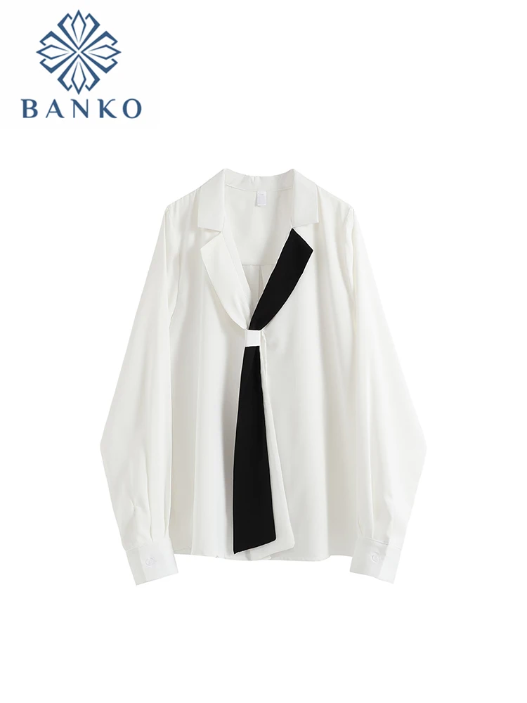 

Turn-down Collar Contrast Color Women Autumn Winter Over-shirt Baggy Long Sleeve Tie Decoration Blouses Pleated Harajuku Cozy