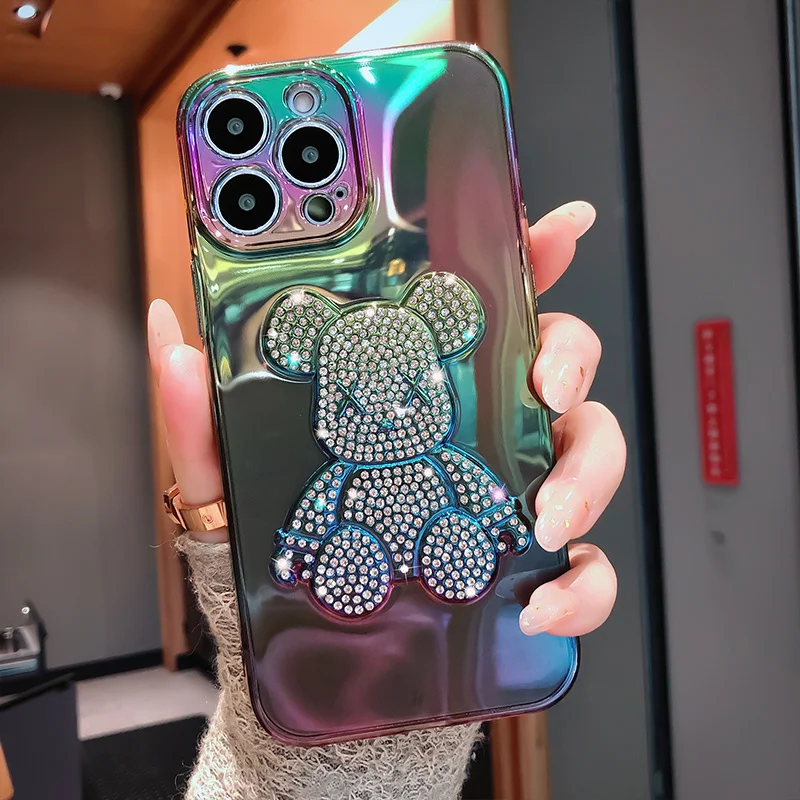 

Luxury Glitter Diamond Cartoon 3D Bear Phone Case For iPhone 14 13 12 11 Pro Max 14Plus Fashion Bling Laser Colorful Cover