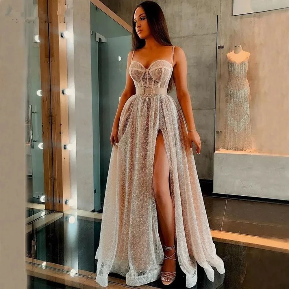 

Champagne Split Maxi Prom Dresses 2022 Women Elegant Party Night Sleeveless Vestidos Gala Sexy Robes Tulle Sexy Evening Dress