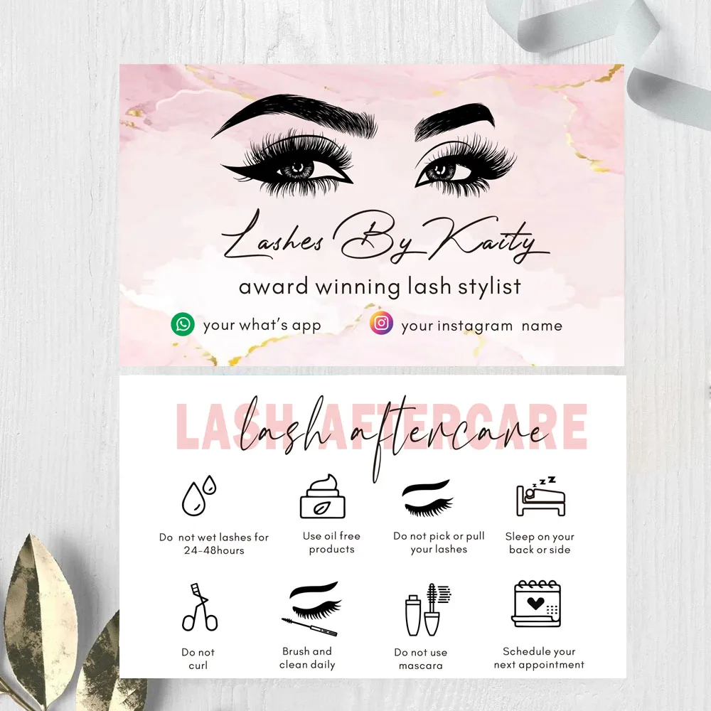 Custom Lash Aftercare Card Lash Extension business Card Eyebrows Lamination Care Template Beauty Salon Care Cards 200/500/1000