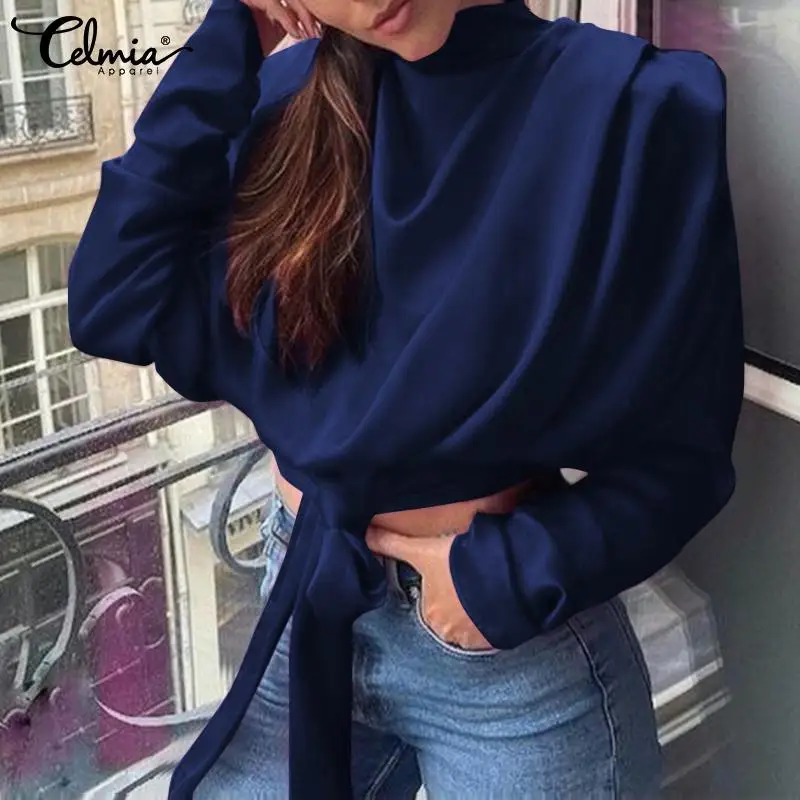 

Fashion Long Sleeve Bare Midriff T-shirt Celmia 2022 Stylish Satin Crop Top Women High Collar Y2K Pleated Bandage Hem Short Tees