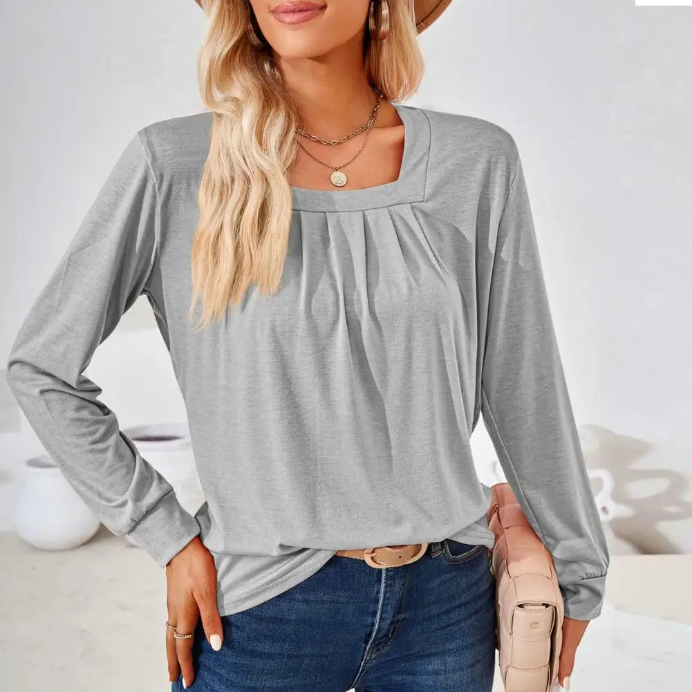 

Women Jacquard Print T-shirt Chic Comfy Women's Square Neck Pullover Tops for Fall Spring Soft Loose Pleated Mid-length Casual