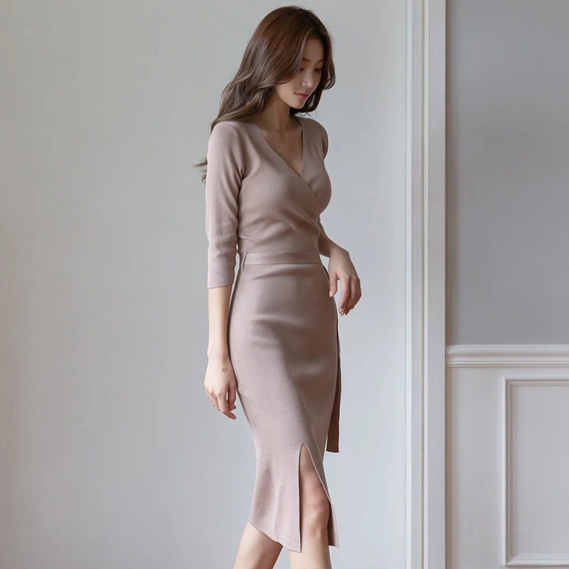 

Korean Fashion Elegant Women Dress O-neck Knitting Mid-calf Office Lady Long Dress A-line Solid Autumn Winter Women Dresses