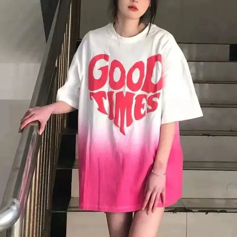 

Oversize Women Tops Summer Fashion Loose High Street Gradient Letter Print Casual Basics O-neck Short Sleeve Y2k Blouses