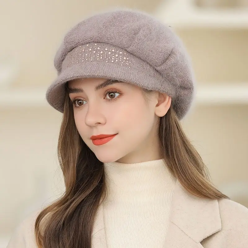

New Women Winter Hat Fashion Rhinestone Decoration Thick Warm Cap Beanie Hat Female outdoor Casual Peaked Cap Knitted Hat