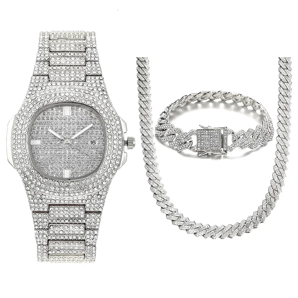 Фото Набор украшений Iced Out: часы, ожерелье-чокер, браслет в стиле хип-хоп Miami Cuban Chain, золотистые, с крупными стразами, для мужчин и женщин №3
