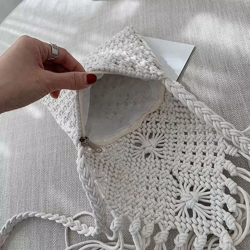 Fashionable Flap Woven One Shoulder Crossbody Bag long Tassel small square bag Summer Zipper Beach Bag