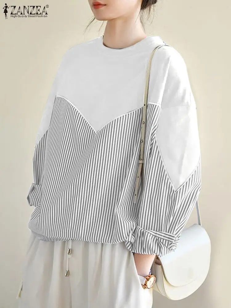 

ZANZEA Casual Loose Tunic Women Stripe Sweatershirt Autumn 2023 Fashion Puff Long Sleeves Tops Vintage O Neck Stitching Pullover