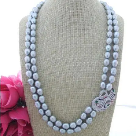 

Charming 2 strands 8-9mm gray rice freshwater pearl necklace micro inlay zircon swan buckle flower accessories long 76-81 cm