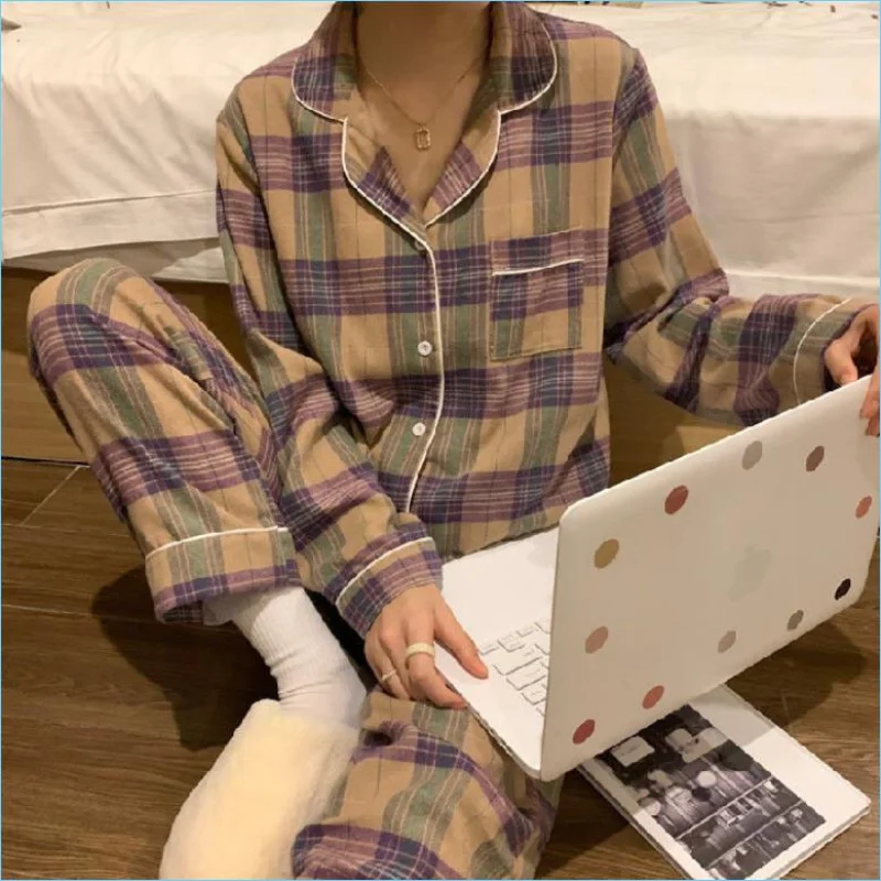 2022 new pajamas women spring and autumn cotton long sleeve cardigan senior feeling can be worn outside the residential suit set