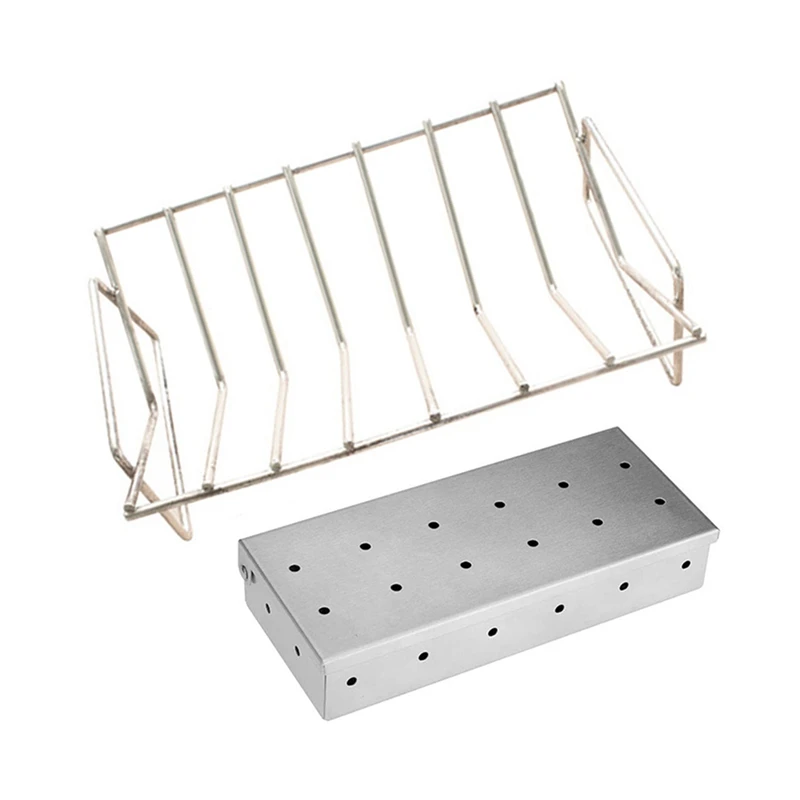 

1 Pcs BBQ Rib Rack Grilling Rib Rack & 1 Set Smoker Box For Wood Chips