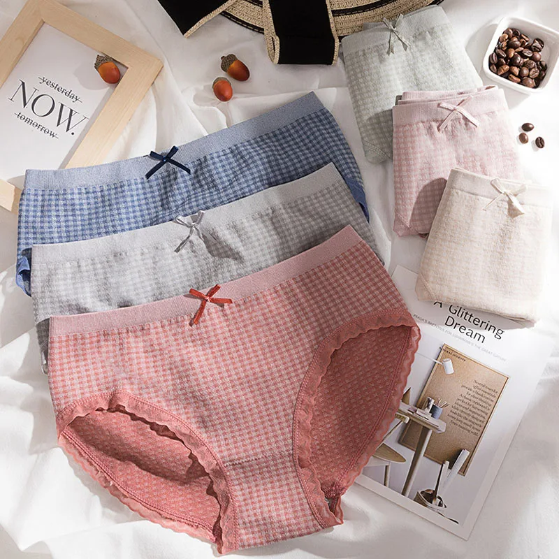 

Roseheart Women Fashion Red Skin Gray Cotton Bow Mid Waist Panties Underwear Lingerie Women Briefs Underpants F