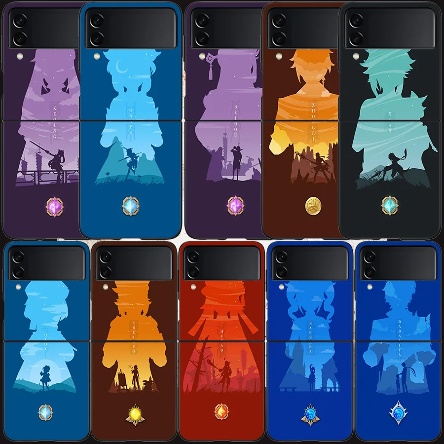 

Genshin Impact Case for Samsung Galaxy Z Flip3 Flip4 5G Black Hard Cell Phone Cover Z Flip 3 4 Luxury PC Shell Zflip3 Coque