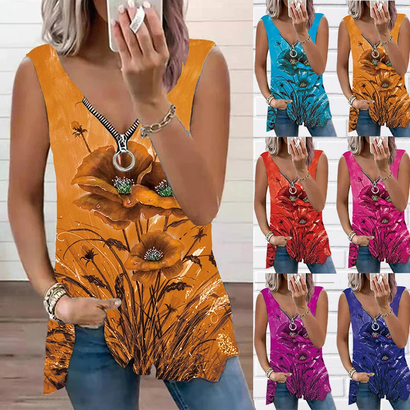 

Women's Plus Size Tank Tops Summer New Floral Art Printing Vest Sexy V-Neck Zipper Sleeveless T-Shirt Casual Loose Pullover Tops