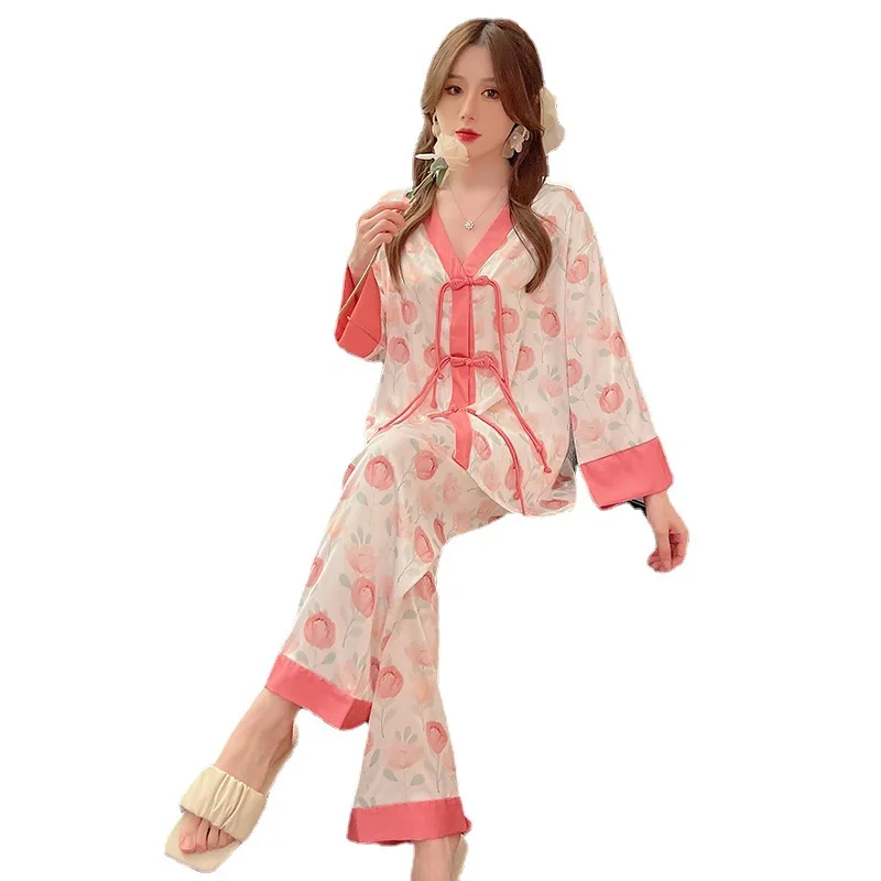 2023 Spring Ice Silk Pajamas Women's Long-Sleeved National Style Buckle Pajamas Suit High-Grade Internet Celebrity Homewear