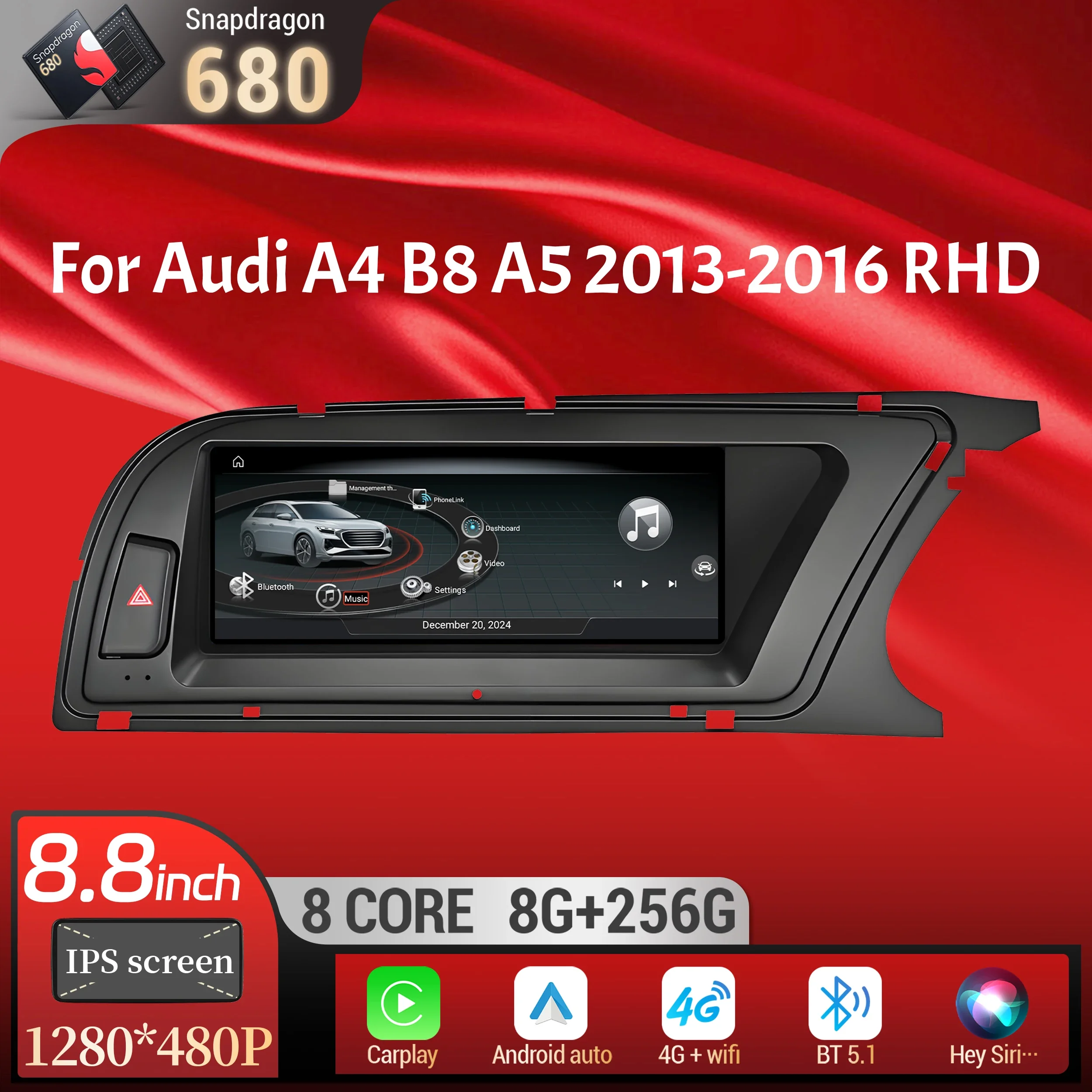 Фото 8,8-дюймовый правый руль Android 13 для Audi A4 B8 A5 2013-2016, автомобильный радиоприемник, беспроводной Carplay Qualcomm Snapdragon 680, сенсорный экран №1