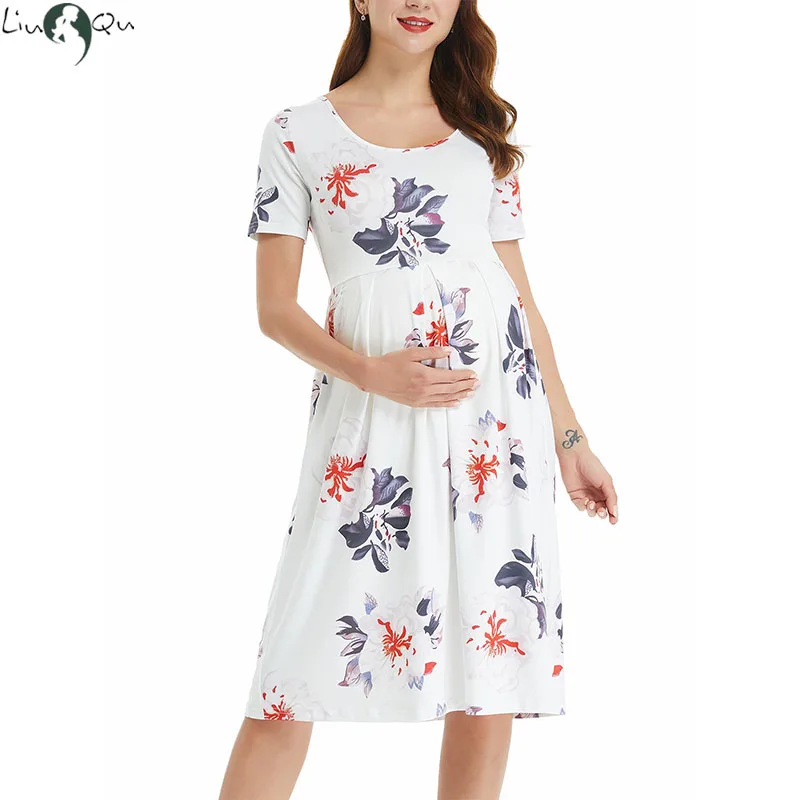 

Летнее повседневное женское платье до колена с цветочным принтом и коротким рукавом