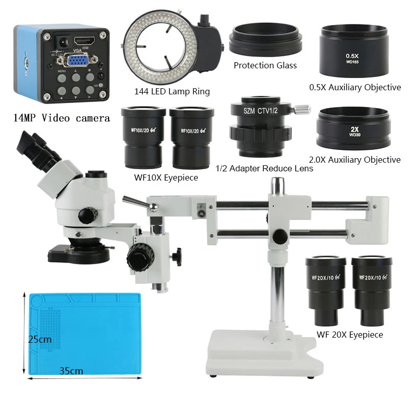

3.5X-90X 180X Continuous Simul Focal Double Boom Trinocular Stereo Microscope 14MP HDMI VGA Camera Microscopio For PCB Repair