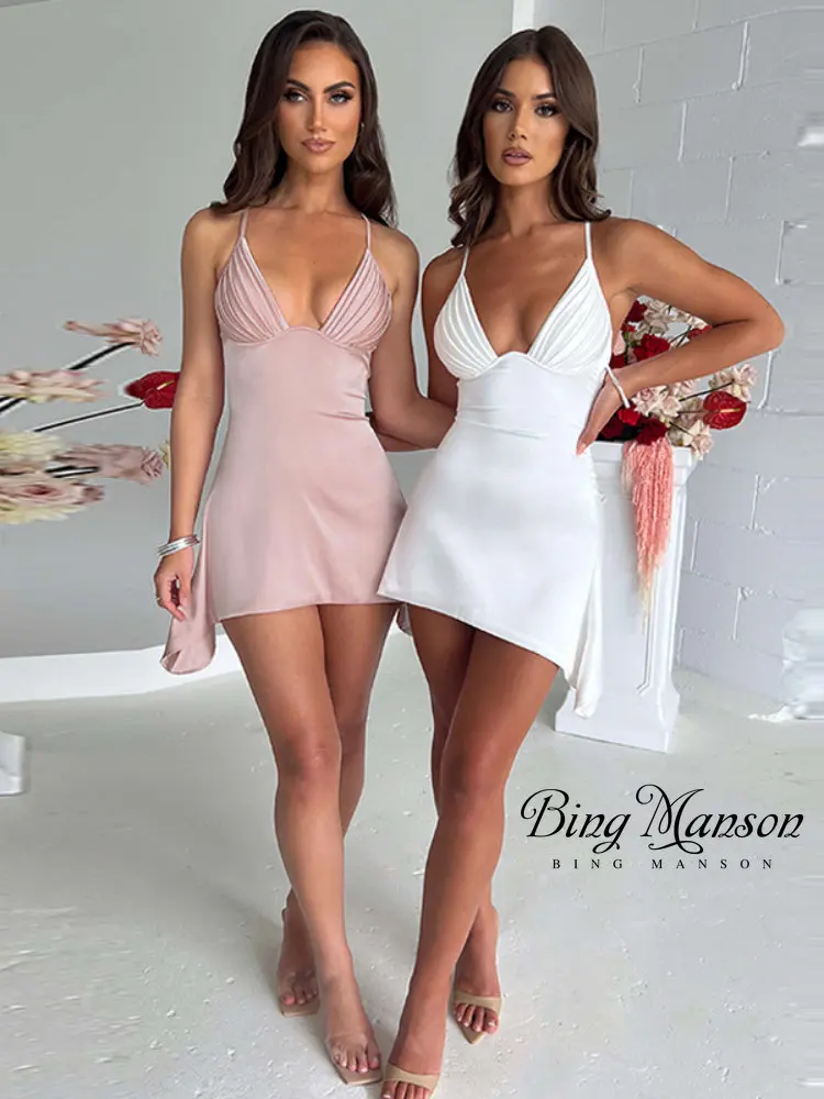 

Satin Spaghetti Strap Sexy Mini Dress Women Robe Summer New Deep V Neck Sleeveless Backless Club Party Dress Vestido
