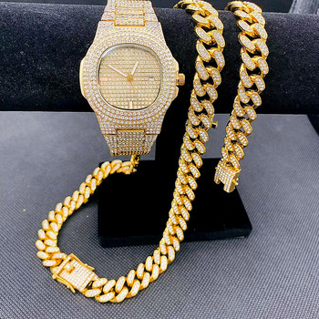2pcs Fashion Mens Jewelry Set Iced Out Watch Diamond Necklace Mens Hip Hop Miama Cuban link Chains Choker Jewelry Gold Watches-36775