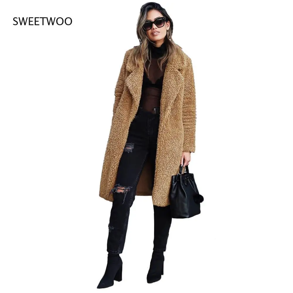 Autumn Winter Women Beige Teddy Faux Fur Coat Thick Fleece Warm Casual Girl Pockets Solid Long Sleeve Open Stitch Ladies Coats