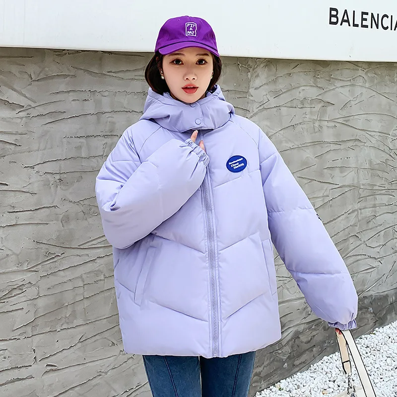 

2022 New Korean Fashion Candy-colored Bread Down Jacket Loose Thickened Hooded Pink Winter Letter Coat