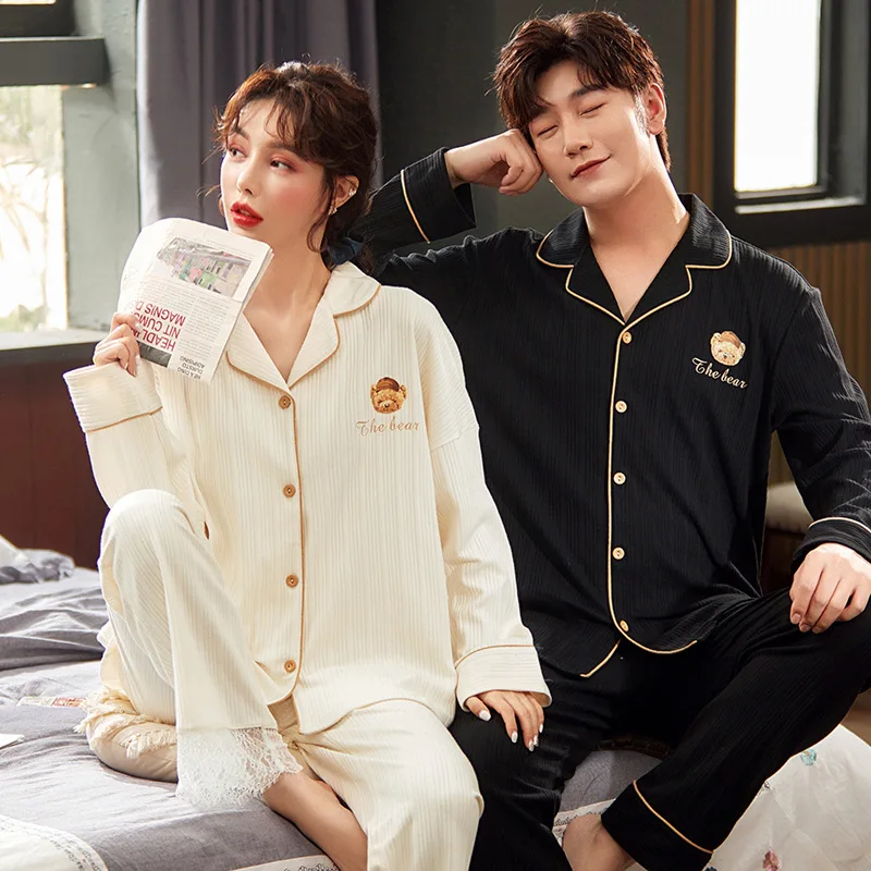 The spring and autumn period and the couple pajamas cotton long sleeve men and women big yards female household to qiu dong