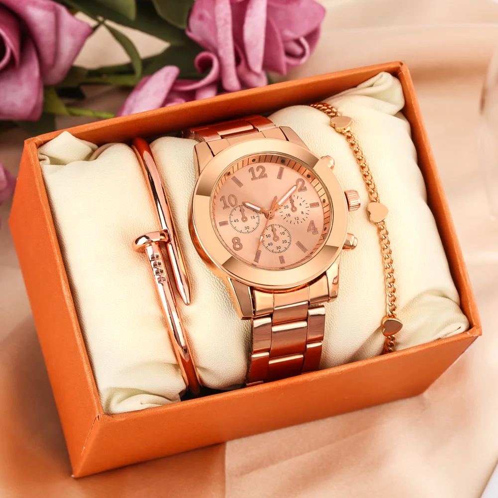 

3PCS Ladies Rose Gold Watch Top Luxury Fashion Heart-shaped Bracelet Gift Set for Women Alloy Quartz Wristwatch Reloj De Mujer